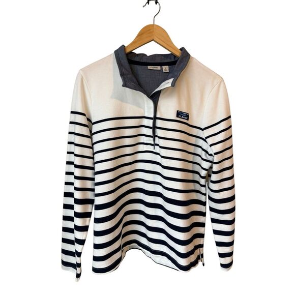 L.L.Bean Soft Cotton Rugby Striped Shirt In White & Navy Blue Size L Petite - Picture 3 of 9